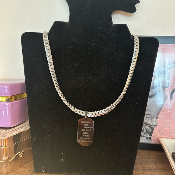 NWOT Cuban Link Stainless Steel Scripture Charm Necklace (Phil 4:13) - Picture 1 of 7